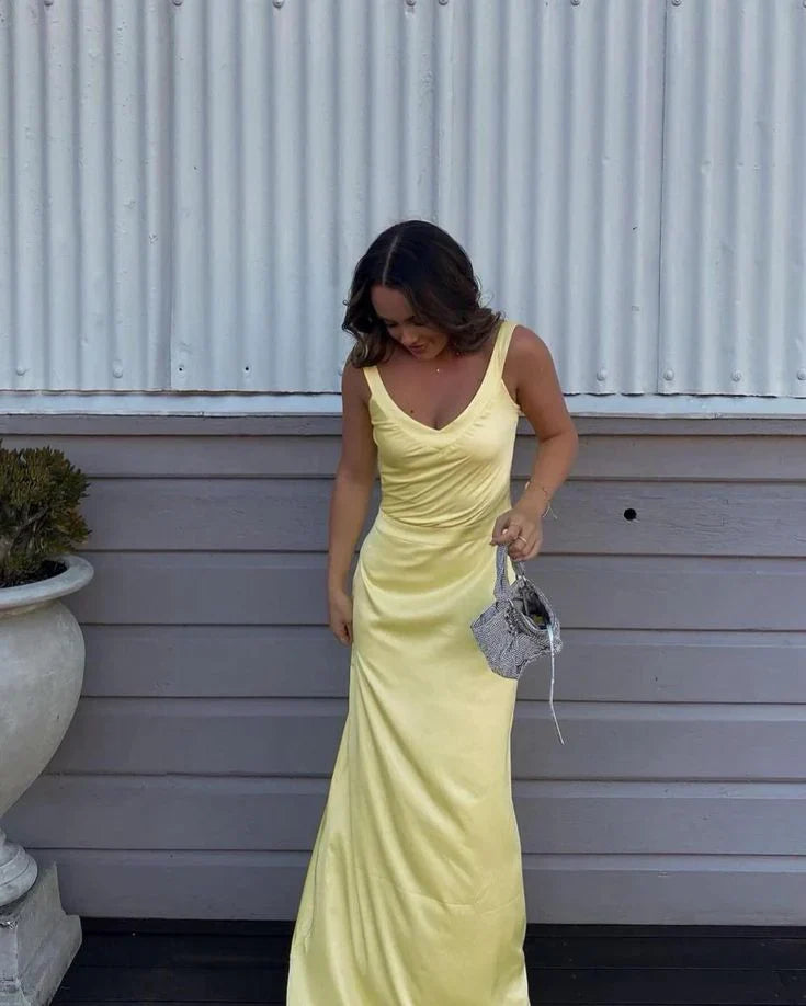 Simple Straps Yellow Backless Long Prom Dress