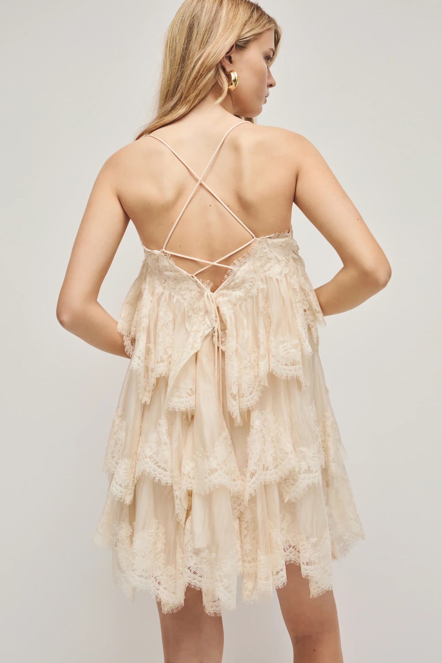 Champagne Lace Tiered Mini Dress