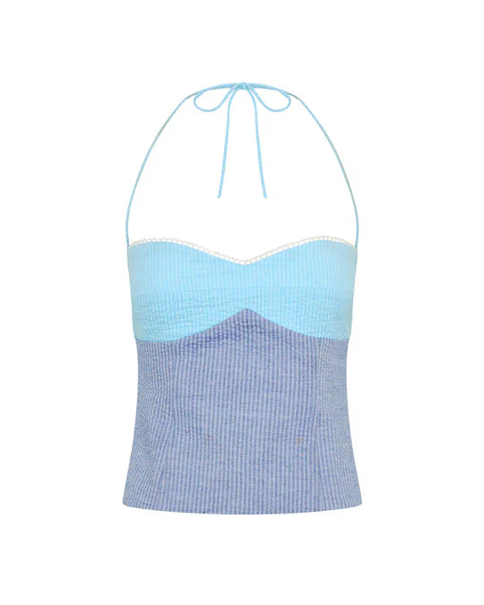 Blue Halter Lace-Up Corset Top