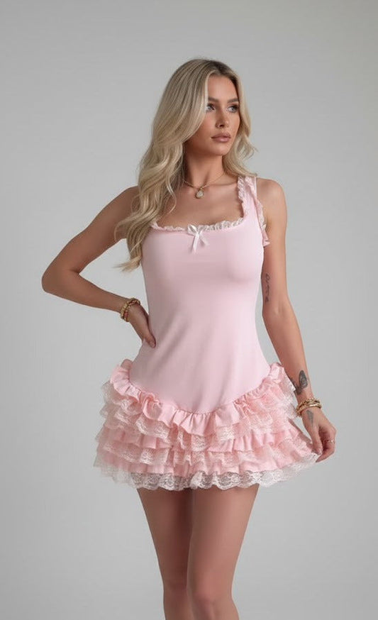 DH Early Spring Collection: "Blair" Petal Pink Ruffled Lace Mini Dress