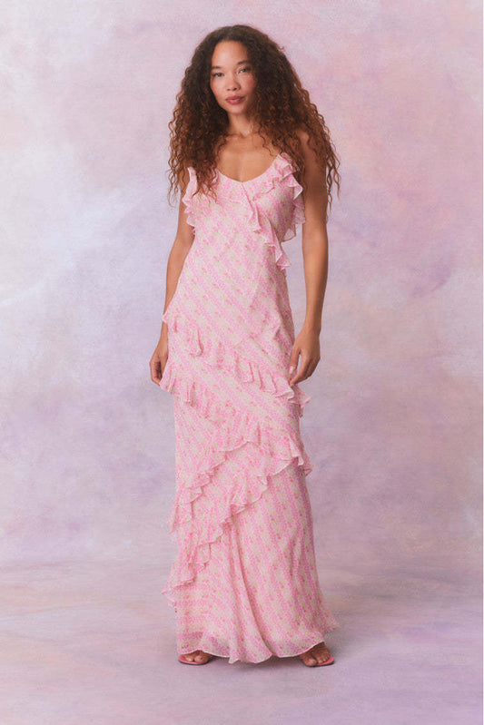 Blush Enchanted Ruffle Chiffon Maxi Dress - Moonlit Petal Edition